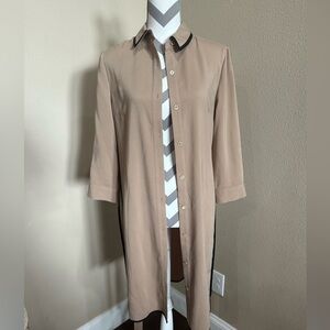 ANN TAYLOR Tan Shirt Dress with Black Trim Outline and sash/tie, Size M